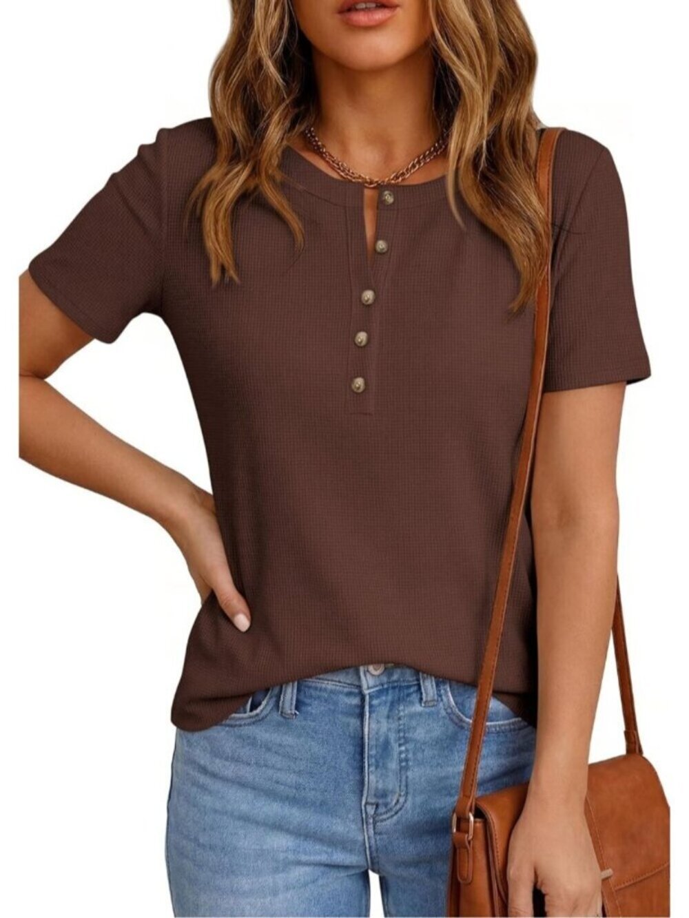 〽️Women's Chocolate Short Sleeve Henley Shirts Summer Blouses Dressy Casual